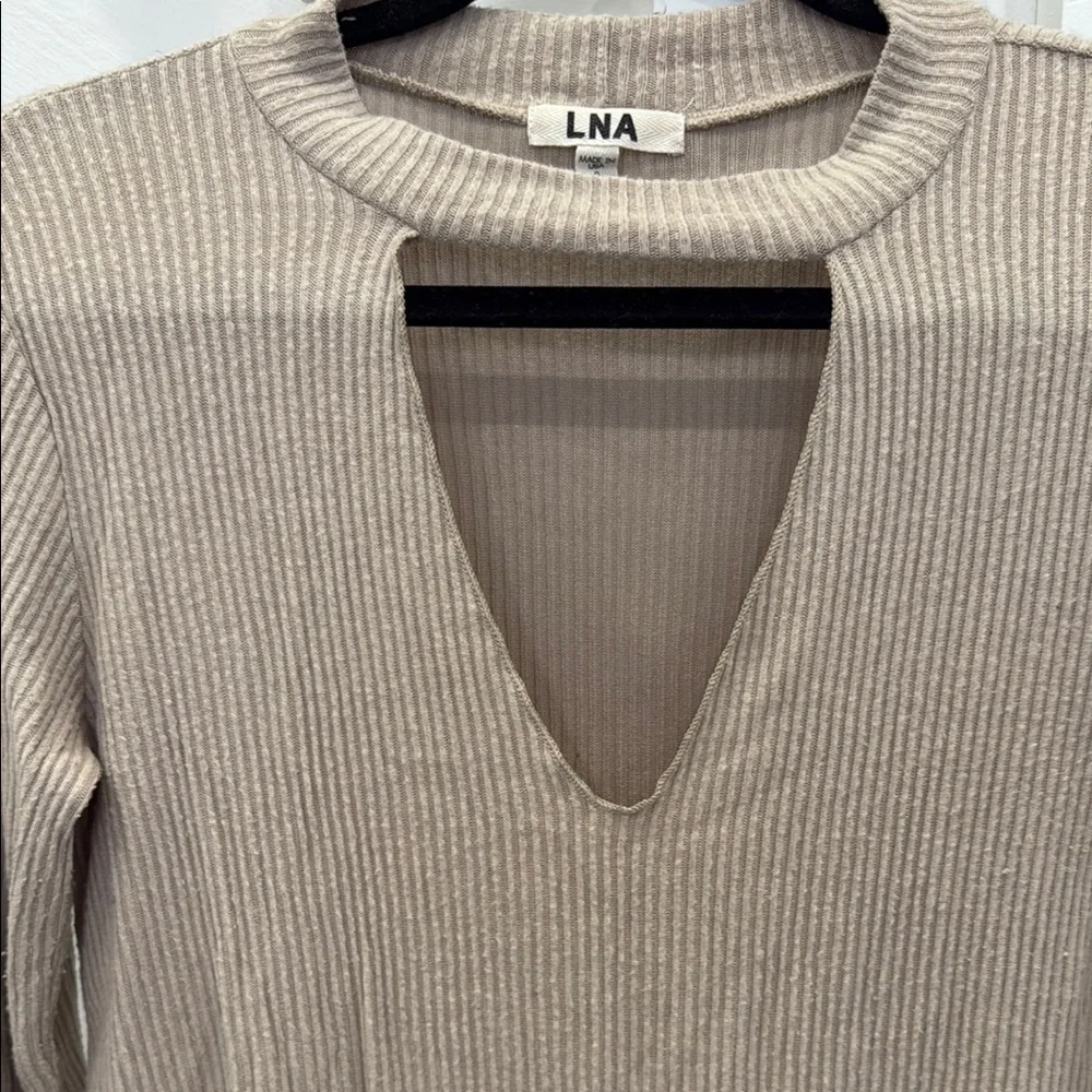 LNA Revolve Bardot Long Sleeve Tee with Keyhole Choker Neck in Oat - Picture 6 of 8